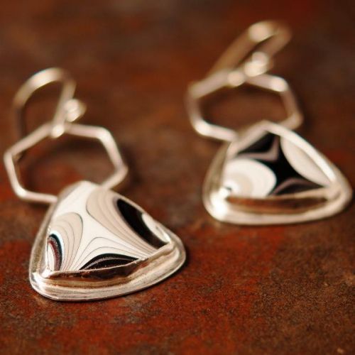 Handcrafted sterling silver bezel set trillion Fordite earrings 