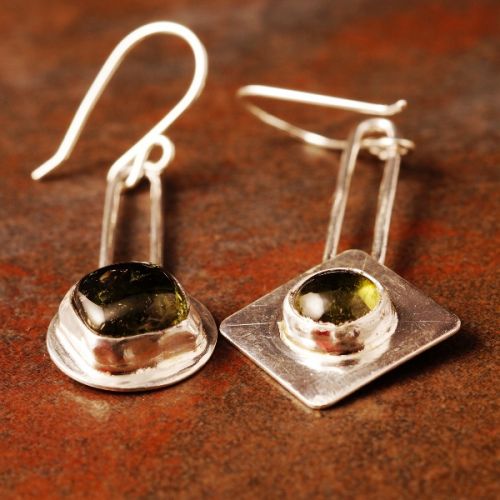 Handcrafted sterling silver bezel set asymmetric square and round green tourmaline earrings 
