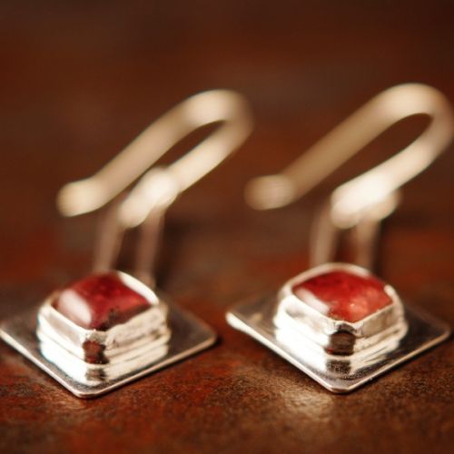 Handcrafted sterling silver bezel set square pink tourmaline earrings 