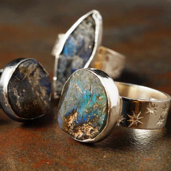 Handcrafted Sterling silver Rough Top Labradorite stamped rings