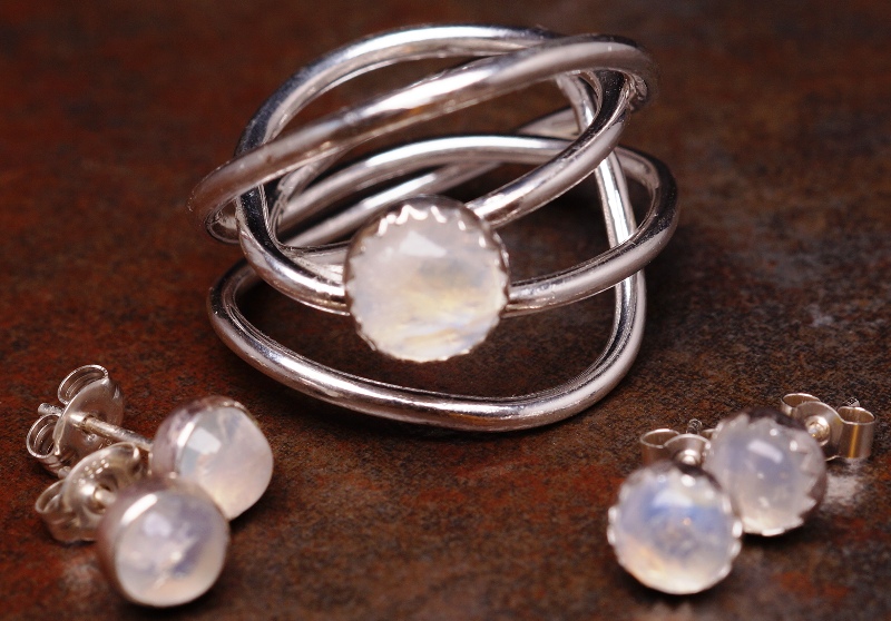 Handmade sterling silver Rainbow Moonston Chaos Ring and Rainbow Moonstone studs