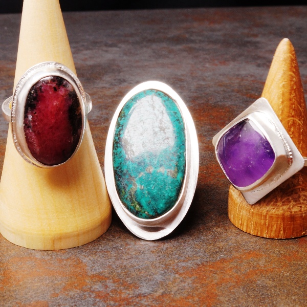 Handmade sterling silver bezel set healing crystal cabochon rings