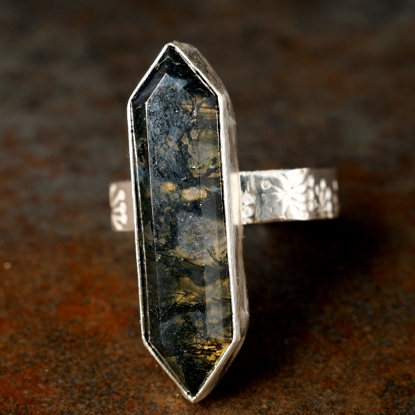 Handcrafted sterling silver bezel set Moss Agate Hexagonal Ring