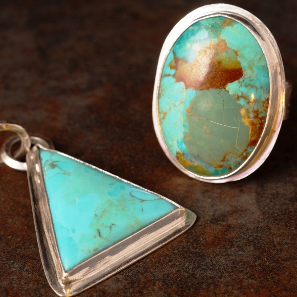 Handcrafted recycled sterling silver Pale Blue Mojave Turquoise Pendant and Ring