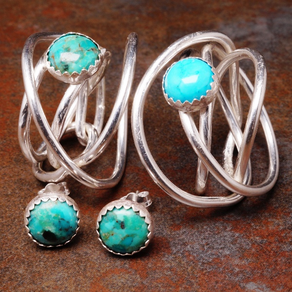 Handmade sterling silver turquoise chaos rings and studs