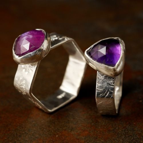 Handcrafted sterling silver stamped and textured hexagonal healing crystal rings