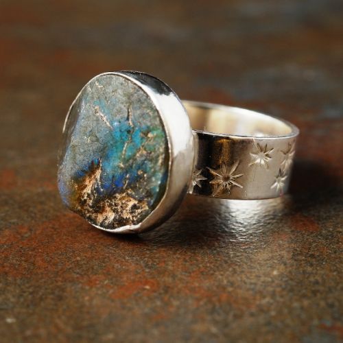 Handcrafted recycled sterling silver Rought Top Labradorite Stamped Ring