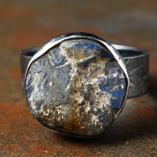 Handcrafted oxidised sterling silver blue purple flash rough top labradorite stamped ring