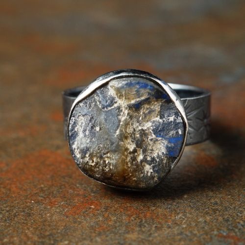 Handcrafted recycled sterling silver Rectangular Labradorite Stamped Ring