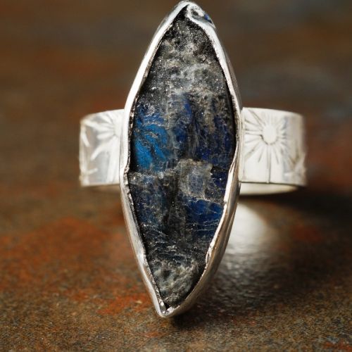 Handcrafted recycled sterling silver Blue Flash Rough Top Labradorite Marquise stamped Ring