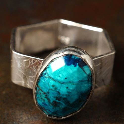 Handcrafted Azurite Shattuckite textured hexagonal ring