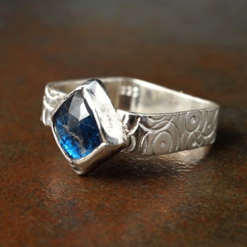 Handcrafted recycled stamped sterling silver square blue kyanite ring