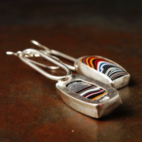 Handcrafted recycled sterling silver rectangular Fordite Earrings