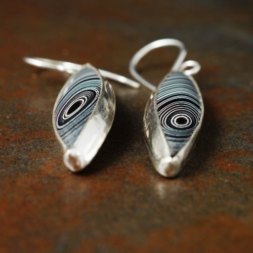 Handcrafted recycled sterling silver marquise Fordite Earrings