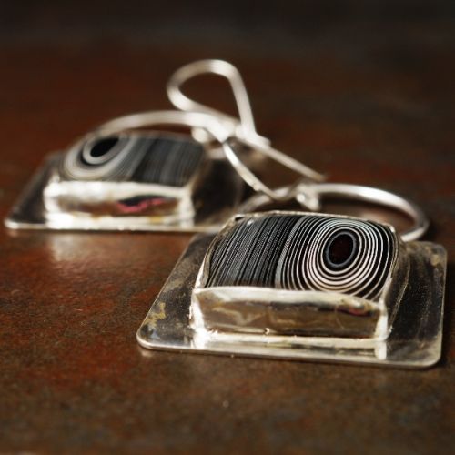 Handcrafted recycled sterling silver square Asymmetric Fordite Earrings