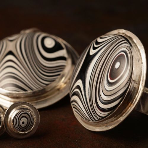 Handcrafted sterling silver Fordite studs, pendant and ring