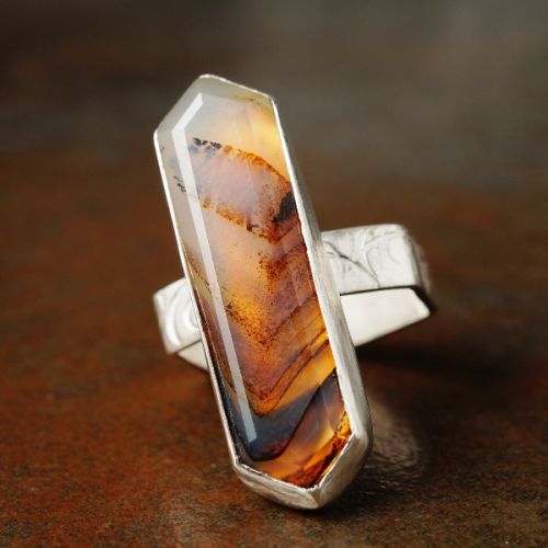 Handcrafted recycled textured sterling silver Montana Agate hexagonal ring