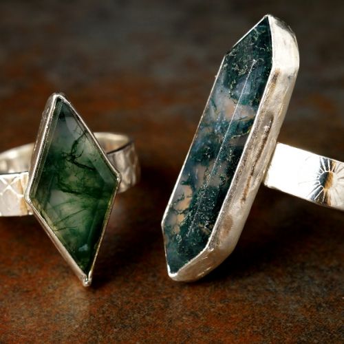 Handcrafted recycled stamped sterling silver geometric Moss Agate rings