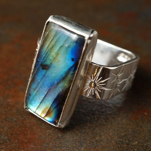 Handcrafted recycled stamped sterling silver rectangular blue flash labradorite square  ring