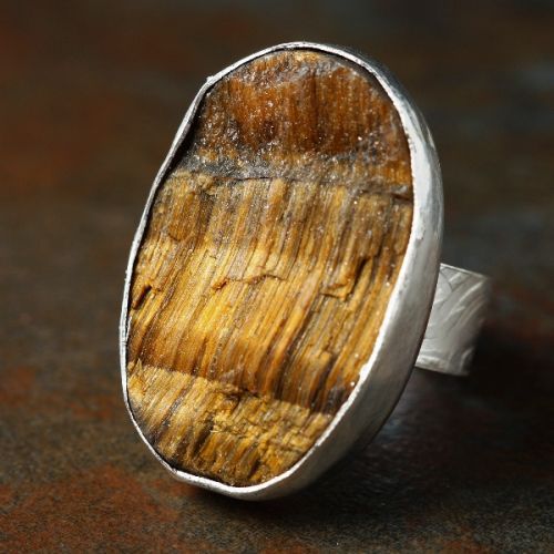 Handcrafted recycled stamped sterling silver rough top Tigers Eye Ring