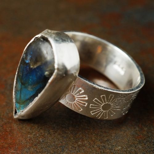 Handcrafted recycled sterling silver Teardrop Labradorite Sun Stamped Ring