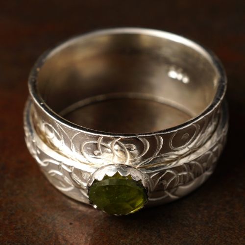 Handcrafted recycled stamped sterling silver Vesuvianite Spinner ring