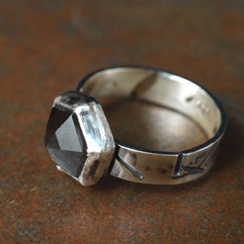 Handcrafted recycled oxidised sterling silver hexagonal black moonstone textured ring