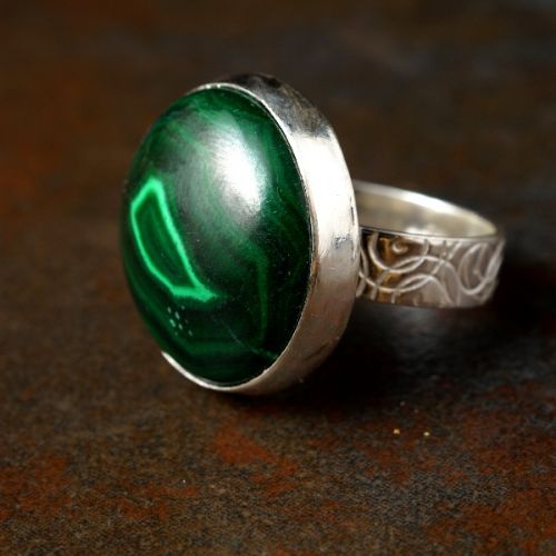 Handcrafted recycled stamped sterling silver Malachite ring