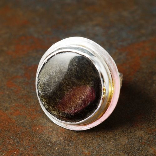 Handcrafted sterling silver Golden Sheen Obsidian hexagonal ring