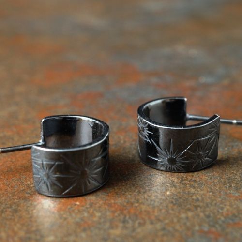 Handcrafted oxidised sterling silver huggies