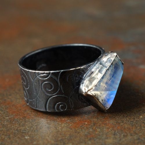 Handcrafted oxidised sterling silver rainbow moonstone stamped rings