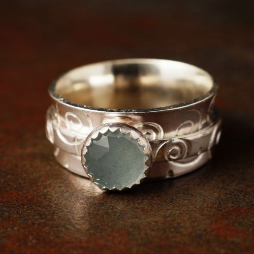 Handcrafted recycled sterling silver stamped Aquamarine stamped spinner ring