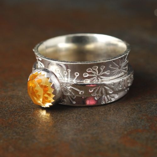 Handcrafted recycled stamped sterling silver Citrine Spinner ring