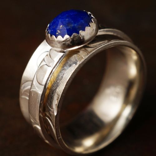 Handcrafted recycled stamped sterling silver Lapis Lazuli spinner ring