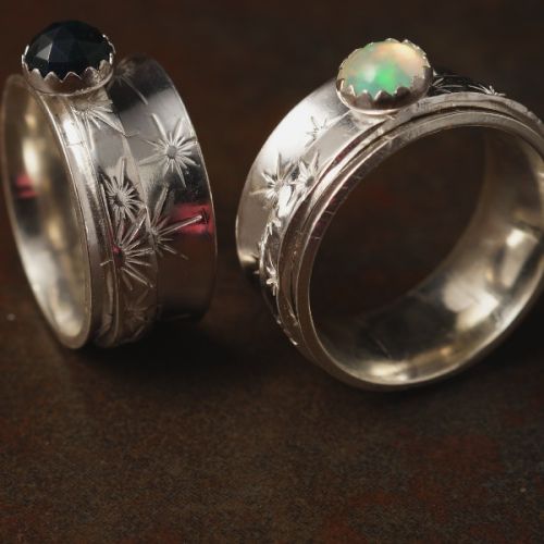 Handcrafted recycled stamped sterling silver Ethiopian Opal Spinner rings