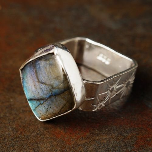 Handcrafted recycled sterling silver Diamond Labradorite Star Stamped Square Ring