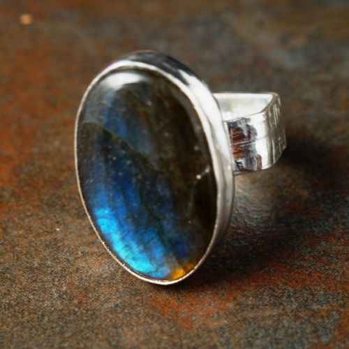 Handcrafted recycled sterling silver Oval Labradorite Textured Hexagonal  Ring