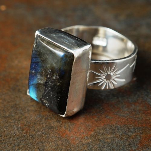 Handcrafted recycled sterling silver Rectangular Labradorite Stamped Ring