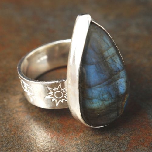 Handcrafted recycled sterling silver Teardrop Labradorite Stamped Ring