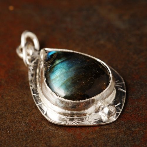 Handcrafted recycled sterling silver Teardrop Labradorite stamped Pendant