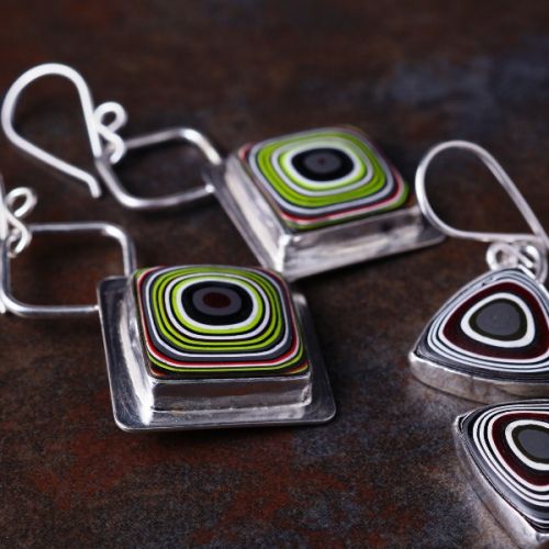 Handcrafted recycled sterling silver geometric Fordite earrings