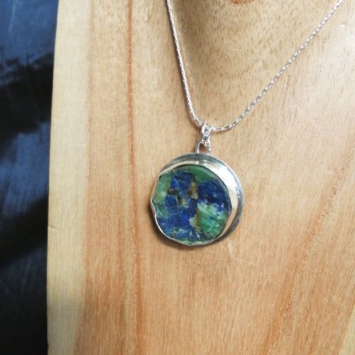 Handcrafted recycled sterling silver Druzy Azurite in Quartz pendant