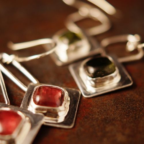 Handcrafted recycled sterling silver square green and pink tourmaline earrings