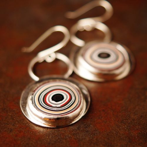 Handcrafted recycled sterling silver round Fordite earrings