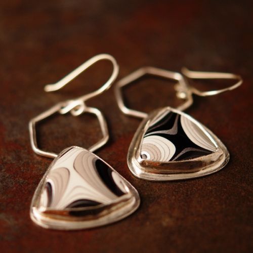 Handcrafted recycled sterling silver trillion Fordite earrings