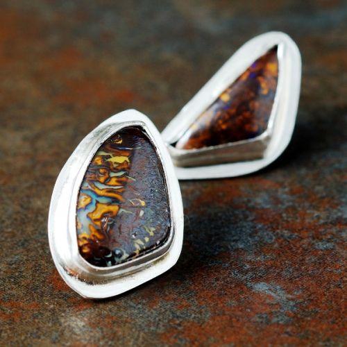 Handcrafted recycled sterling silver bezel set organic Boulder Opal studs