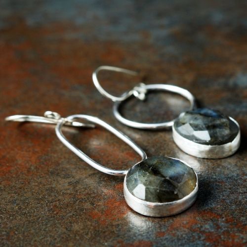 Handcrafted recycled sterling silver bezel set faceted Labradorite asymmetric dangle earrings