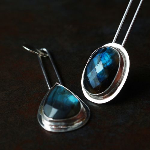 Handcrafted recycled sterling silver bezel set faceted Labradorite asymmetric dangle earrings