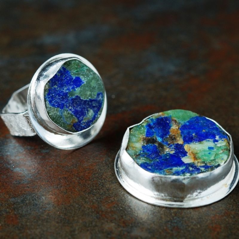 Handcrafted recycled sterling silver Druzy Azurite in Quartz Ring and Pendant