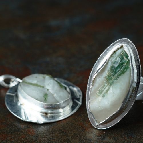 Handcrafted recycled sterling silver bezel set druzy green tourmalated Quartz ring and pendant